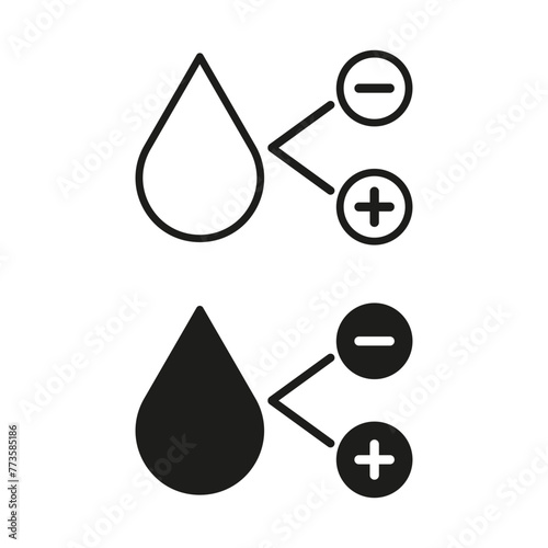 Humidity level adjustment icons. Water drop with plus and minus signs. Humidifier control symbols. Vector illustration. EPS 10. photo