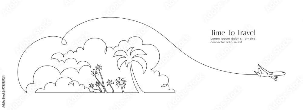 One continuous line drawing of summer travel vacation concept. Tropical landscape with beach and palm tree in simple linear style. Airplane in clouds in editable stroke. Doodle vector illustration