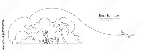 One continuous line drawing of summer travel vacation concept. Tropical landscape with beach and palm tree in simple linear style. Airplane in clouds in editable stroke. Doodle vector illustration