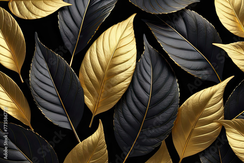 3d render of black and gold tropical leaves on black background.