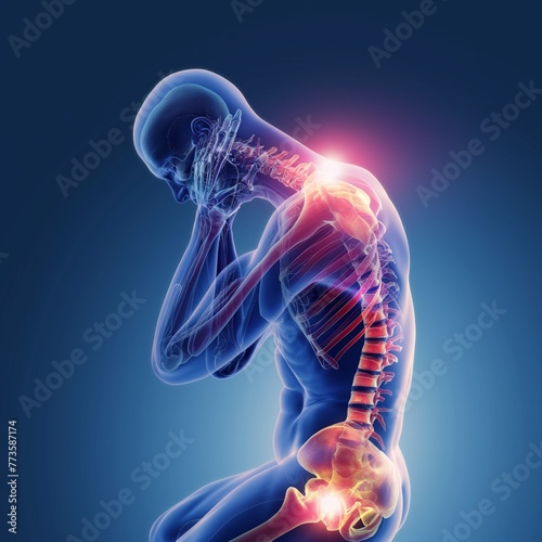 3D rendering of a man Grimacing in pain while holding his neck and shoulder