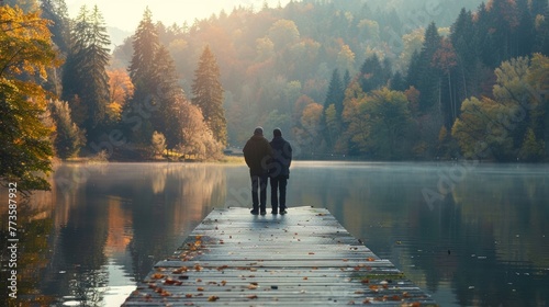 A pair of silhouetted figures stand on a wooden dock facing out towards the serene lake and towering trees in a moment of quiet reflection . .