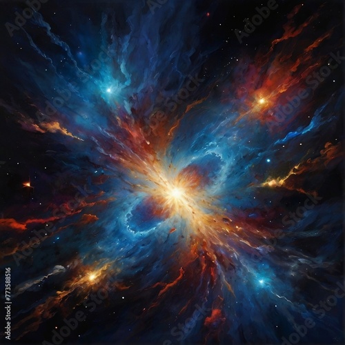 Experience AI art of a cosmic explosion  vibrant bursts of blue  white  and colorful hues in space.