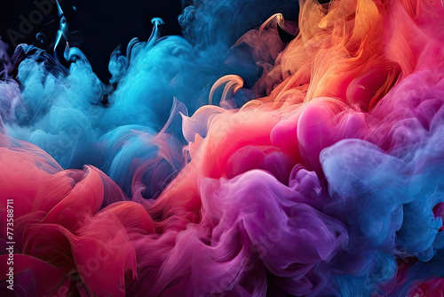 Abstract background of blue, pink and yellow smoke isolated on black background