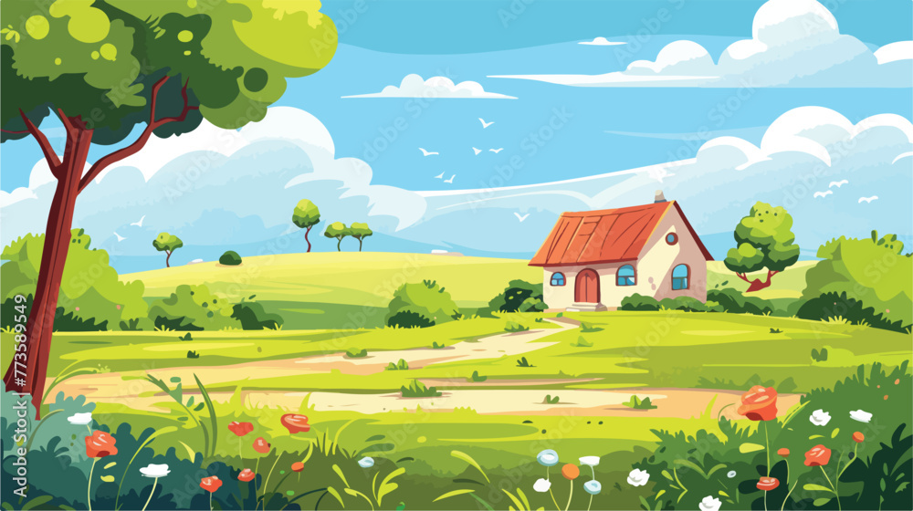 Background scene with housese in the field illustra