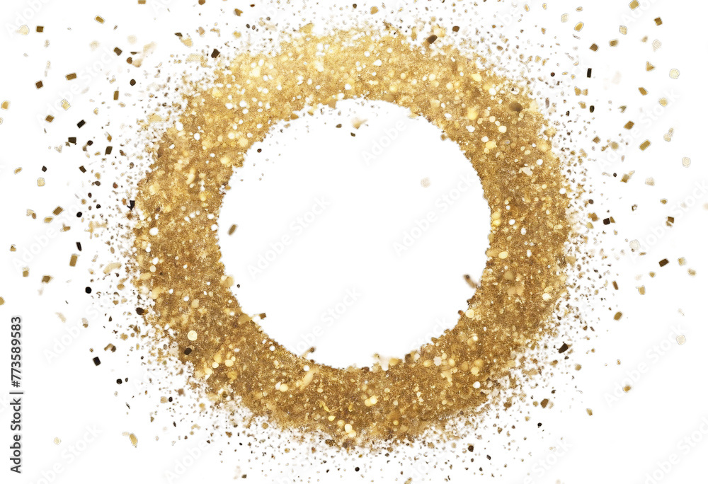 Png frame Glitter crumbs. confetti isolated. Shiny sparkles. circle Golden Confetti. dust gold round crumb textured ring isolated black disrobed sprin
