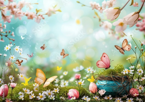Enchanted Spring Garden Scene with Fluttering Butterflies and Blooming Flowers