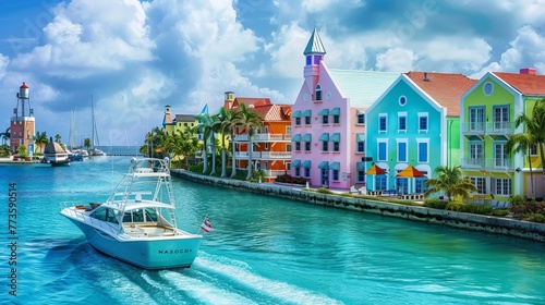 In Nassau, Bahamas, a serene summer day scene features a boat, the ocean, colorful houses, and a hotel