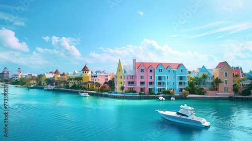 In Nassau, Bahamas, a serene summer day scene features a boat, the ocean, colorful houses, and a hotel