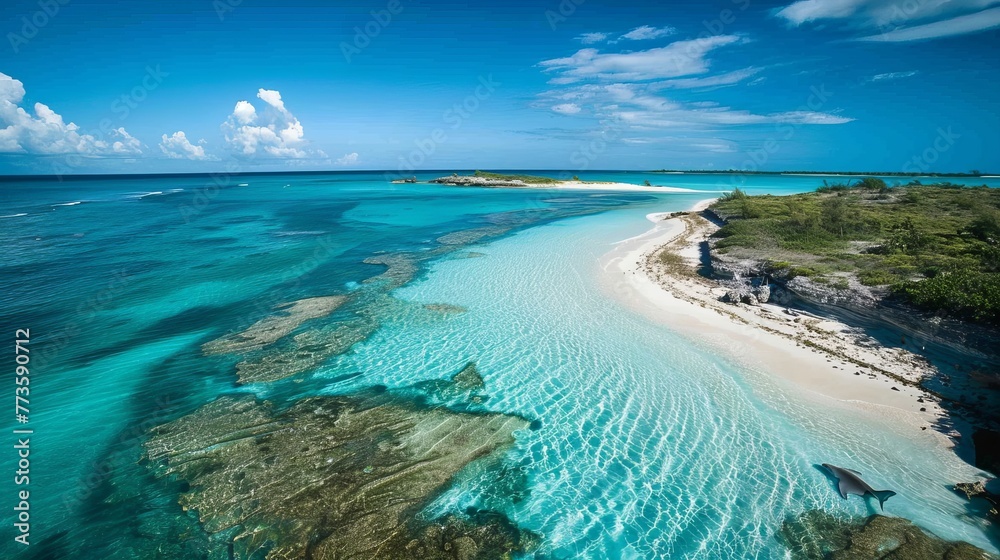 Overlooking Munjack Cay in Abaco, Bahamas, an aerial shot captures its bay and beach, a habitat for green turtles and stingrays