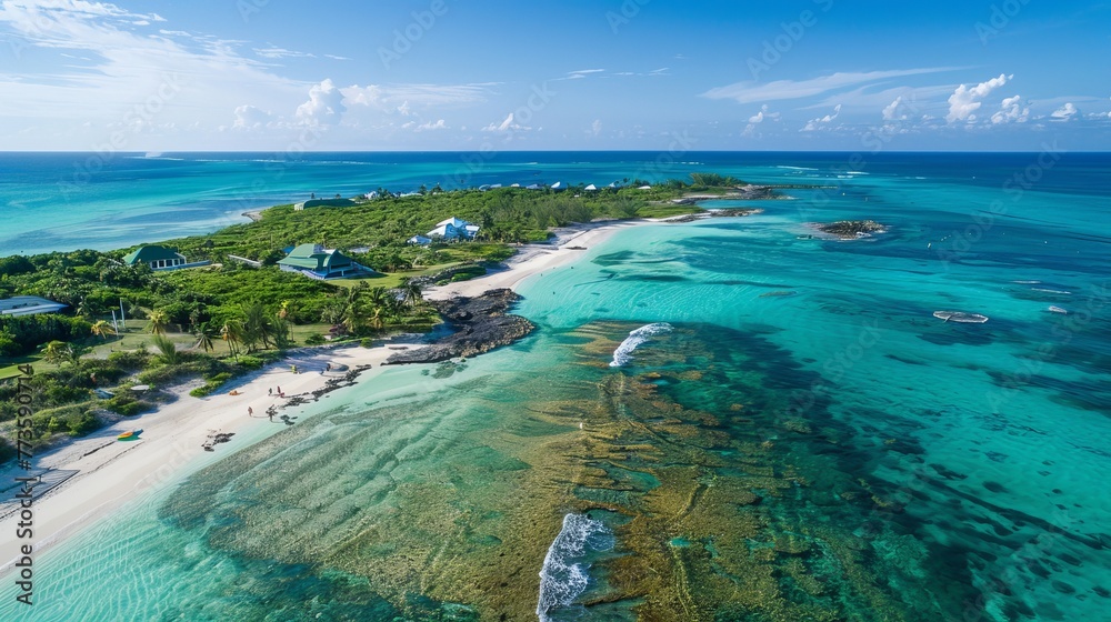 Overlooking Munjack Cay in Abaco, Bahamas, an aerial shot captures its bay and beach, a habitat for green turtles and stingrays