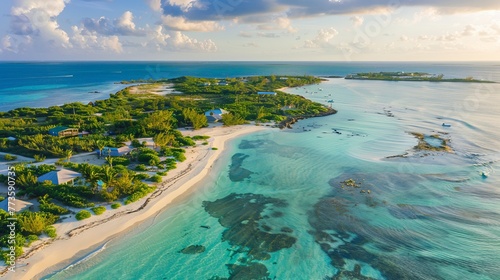 Overlooking Munjack Cay in Abaco, Bahamas, an aerial shot captures its bay and beach, a habitat for green turtles and stingrays photo