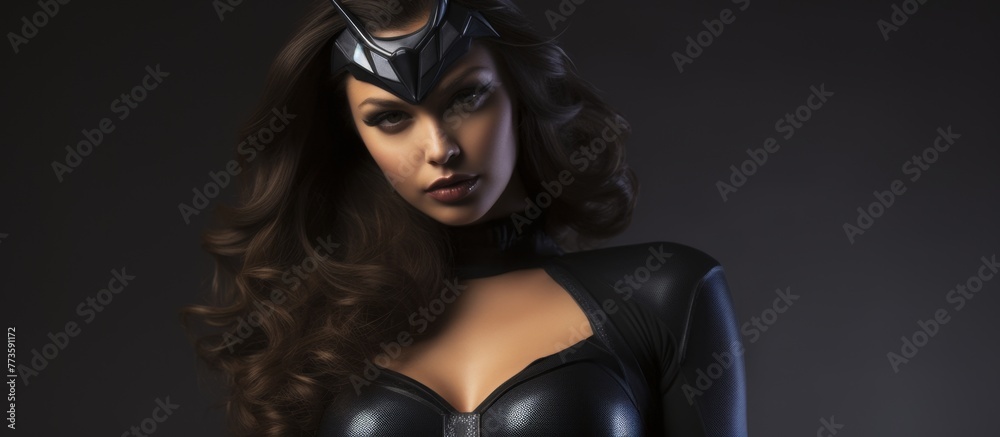 An attractive female model wearing a skin-tight black cat costume striking a pose for a photo shoot An attractive female model wearing a skin-tight black cat costume striking a pose for a photo shoot
