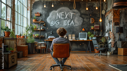 Business executive sitting in a chair - inventor - founder - investor  - sign that reads :NEXT BIG IDEA”.