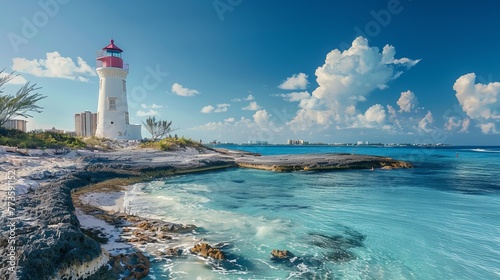 The Nassau lighthouse and tourist resorts offer a glimpse into the city's attractions, Bahamas