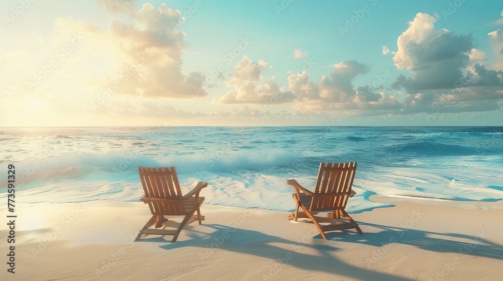 The quintessential beach scene is portrayed with chairs on the sandy shore near the ocean, encapsulating the essence of summer holidays and vacation dreams