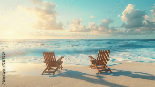 The quintessential beach scene is portrayed with chairs on the sandy shore near the ocean, encapsulating the essence of summer holidays and vacation dreams © Orxan