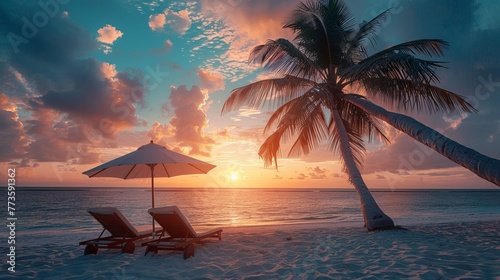 The scene of a tropical sunset includes two sunbeds and an umbrella under a palm tree  conjuring an image of serenity and relaxation at a beach resort