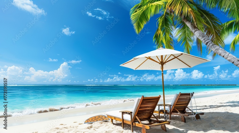 Tropical vacation settings are epitomized by beach chairs, an umbrella, and palm trees lining the shore