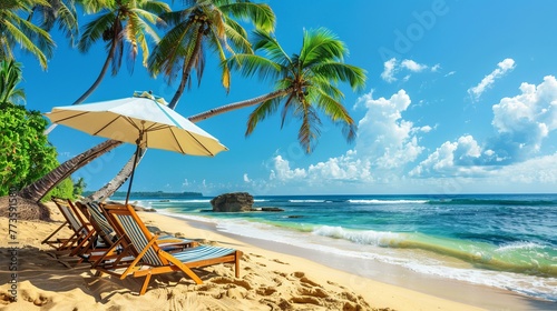 Tropical vacation settings are epitomized by beach chairs, an umbrella, and palm trees lining the shore