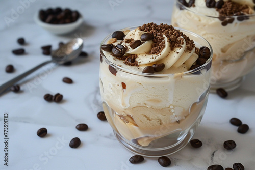A decadent affogato topped with crushed espresso beans for added crunch, super realistic photo