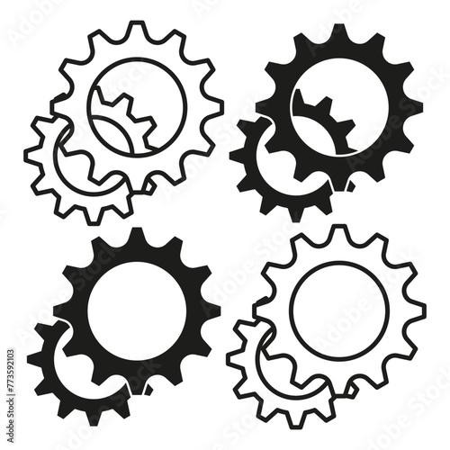Broken gear icons set. Machinery failure concept. Cogwheel damage symbols. Vector illustration. EPS 10.