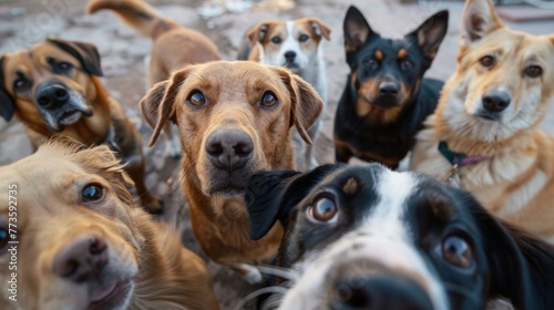 Several dogs of different breeds are standing next to each other in a cheerful assembly