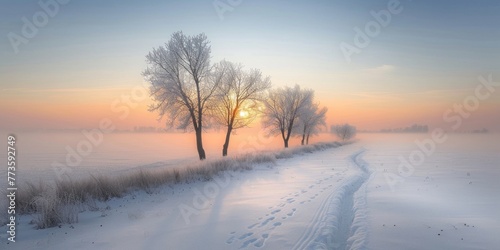 A winter landscape showing a snow-covered field with trees in the distance under a sunrise