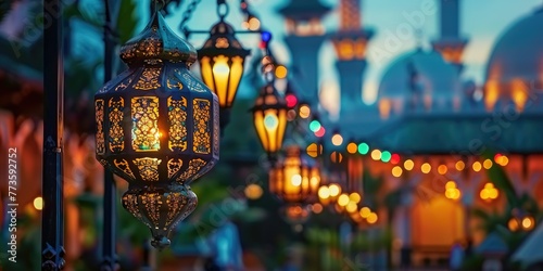 Colorful Islamic lamps hanging in the streets for Ramadan Kareem fasting month. Colorful Eid decorations adorning homes and streets, including lanterns, banners, and lights. photo