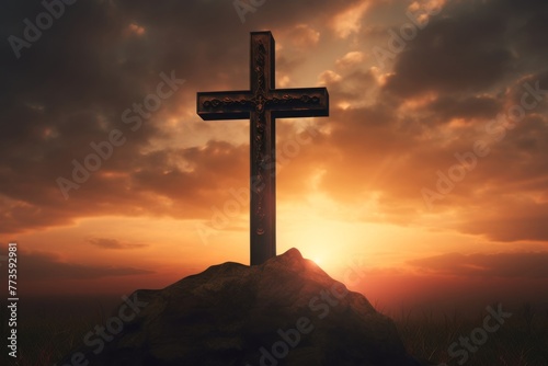 A cross stands silhouetted against the sunset a symbol for the Knights Templar and warriors seeking the Holy Grail
