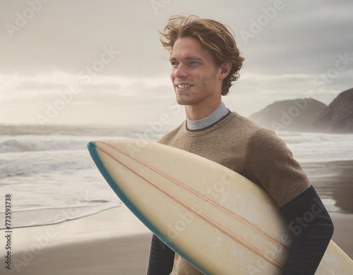 Close-up of young surfer standing at the beach with his surfboard and wearing black surfing suit. Sport and water sport concept.