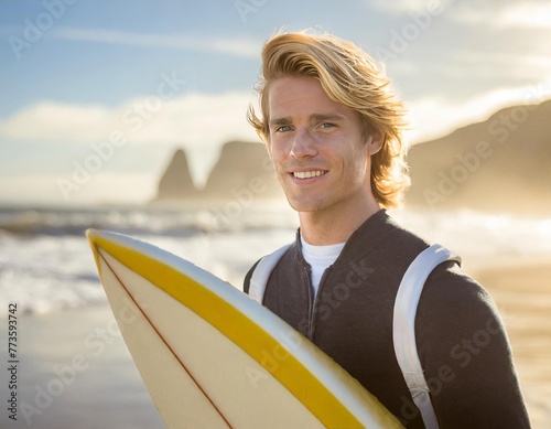 Close-up of young surfer standing at the beach with his surfboard and wearing black surfing suit. Sport and water sport concept.