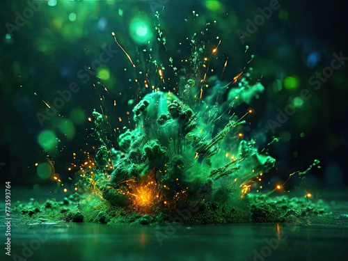 Abstract background with green explosion. Fantasy explosion. 3D rendering. © HalilKorkmazer