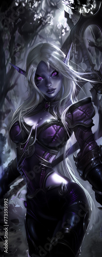 illustration of a female drow sorceress with long flowing white silver hair, bluish grey skin and violet eyes wearing adjusted cloth and leather vestments standing in a forest