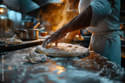 The hands of a skilled chef as they expertly prepare a fresh pizza dough. Flour dusts the surface and the chef’s arms, conveying the authenticity of the traditional pizza-making process.