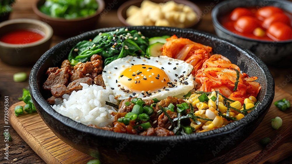 Traditional Korean Bibimbap Dish with Mixed Vegetables and Beef