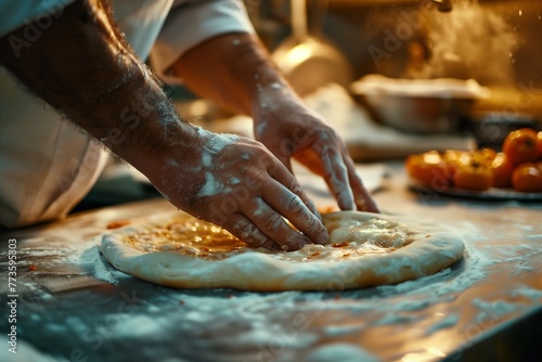The hands of a skilled chef as they expertly prepare a fresh pizza dough. Flour dusts the surface and the chef’s arms, conveying the authenticity of the traditional pizza-making process.
