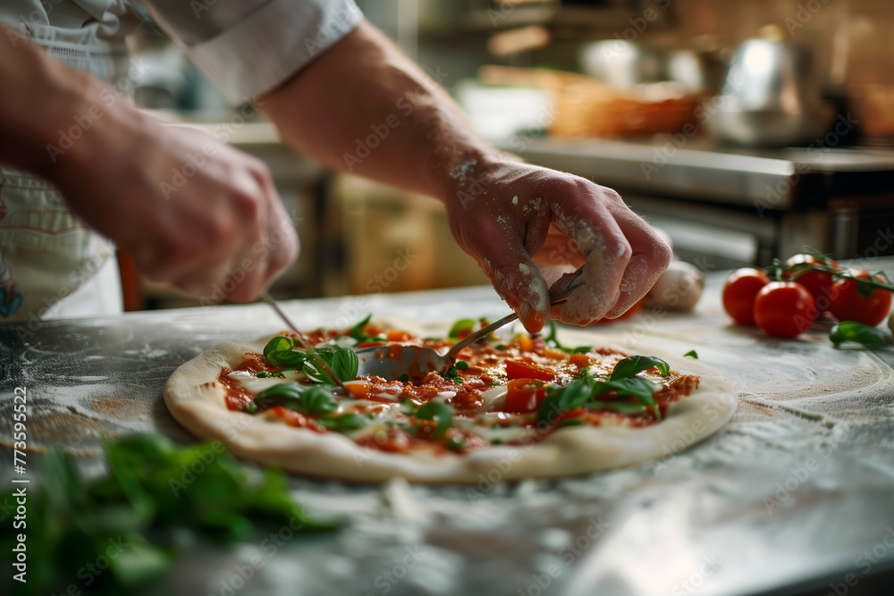 A close-up view of a chef's hands meticulously adding sauce to an uncooked pizza adorned with mozzarella, fresh basil, and cherry tomatoes on a floured surface in a professional kitchen setting.