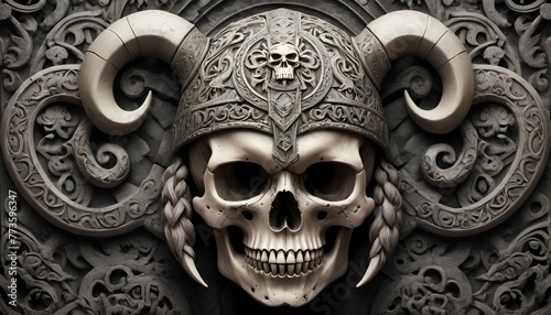 A Skull Adorned With Ornate Viking Carvings A Tri