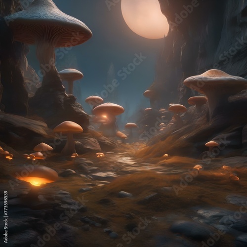 An alien landscape with strange rock formations and glowing mushrooms dotting the landscape1 photo