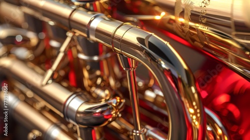 Detail shot of the mouthpiece of a marching band brass instrument photo