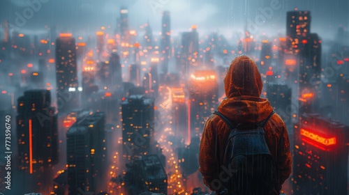 Solitary Figure Overlooking a Rainy Cityscape at Dusk