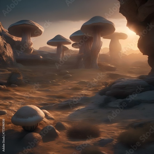 An alien landscape with strange rock formations and glowing mushrooms dotting the landscape2 photo