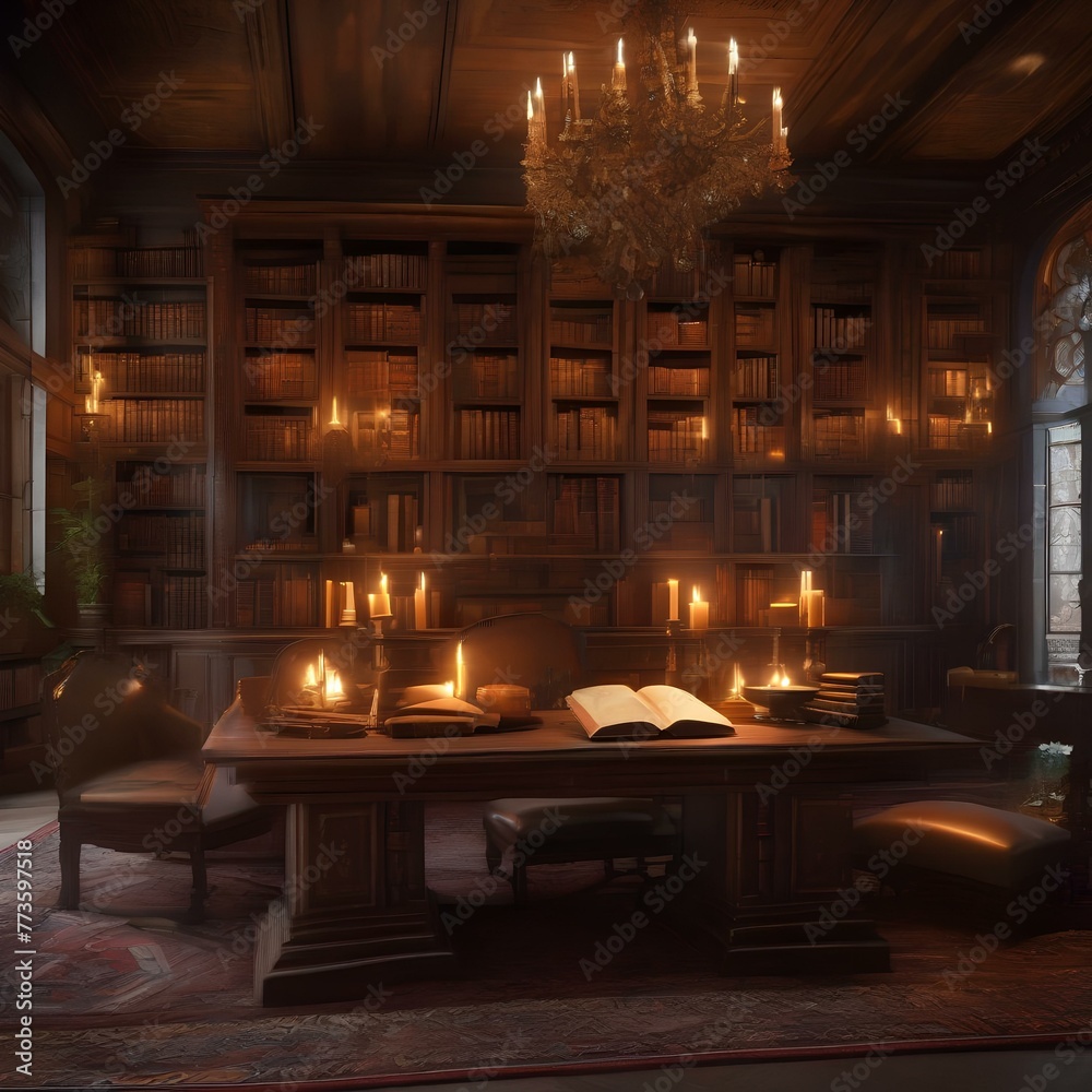 A magical library filled with ancient tomes and mystical artifacts, bathed in the warm glow of candlelight1 A magical library filled with ancient tomes and mystical artifacts, bathed in the warm glow of candlelight1