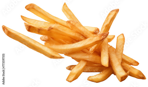 Salty Flying French fries PNG or crispy floating potato fries PNG isolated on a white and transparent background - high calories fast food Banner advertising concept