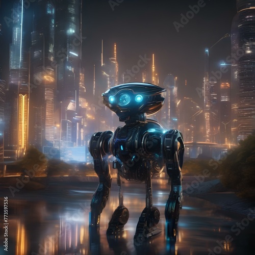 A cybernetic organism standing against a backdrop of futuristic cityscape, its glowing eyes betraying its artificial nature2