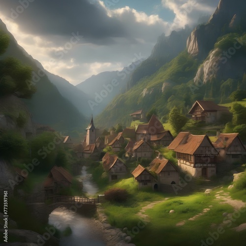 A medieval village nestled in a lush valley, surrounded by towering mountains1 photo