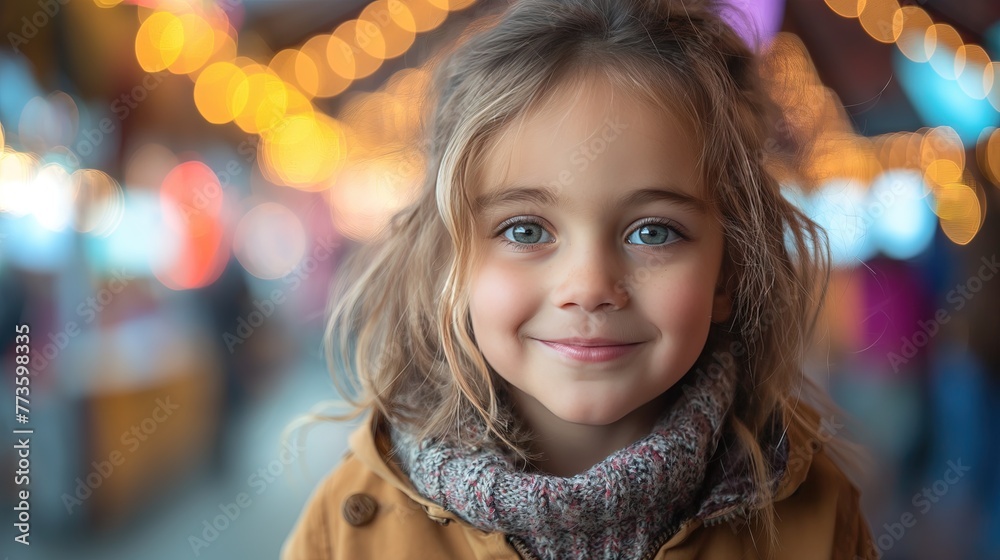 Fototapeta premium Portrait of a Happy Young Girl with Twinkling Fairy Lights Backdrop