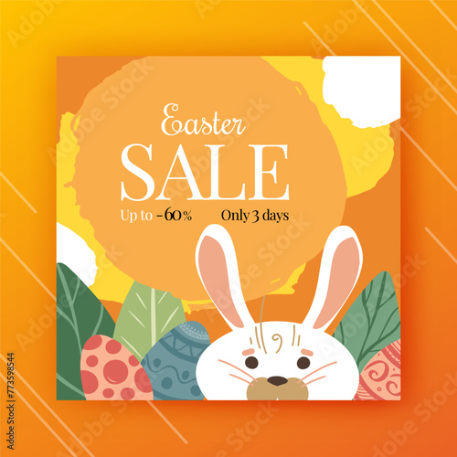 Vector Easter banner. Cute little bunny face, many big painted eggs icons. Holiday celebration frame. Cartoon square layout with center text. Festive elements set. Bright funny template. Flat design