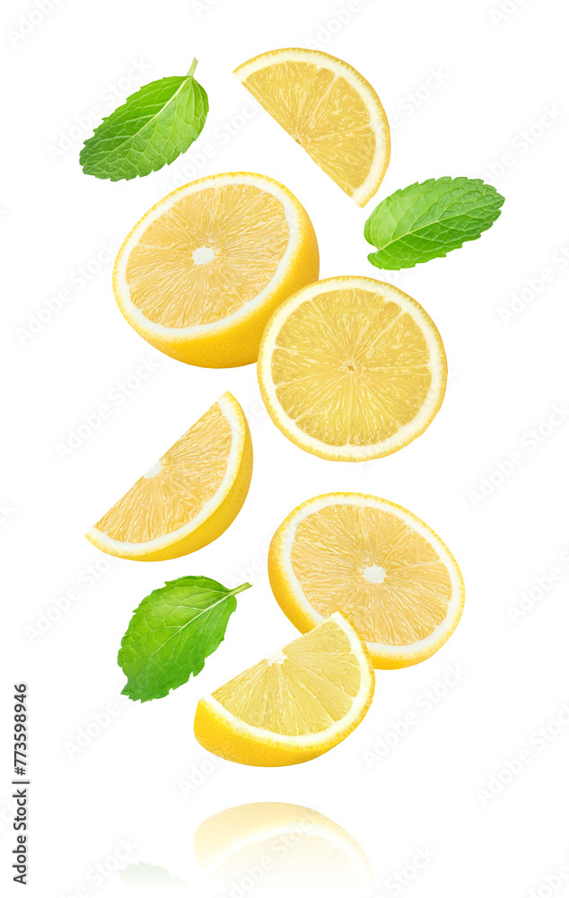 Juicy lemon slice with mint leaf  flying isolated on white background.